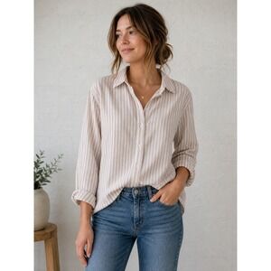 Faherty Striped Button Down Shirt Women Organic Cotton Pink White Coastal Chic M
